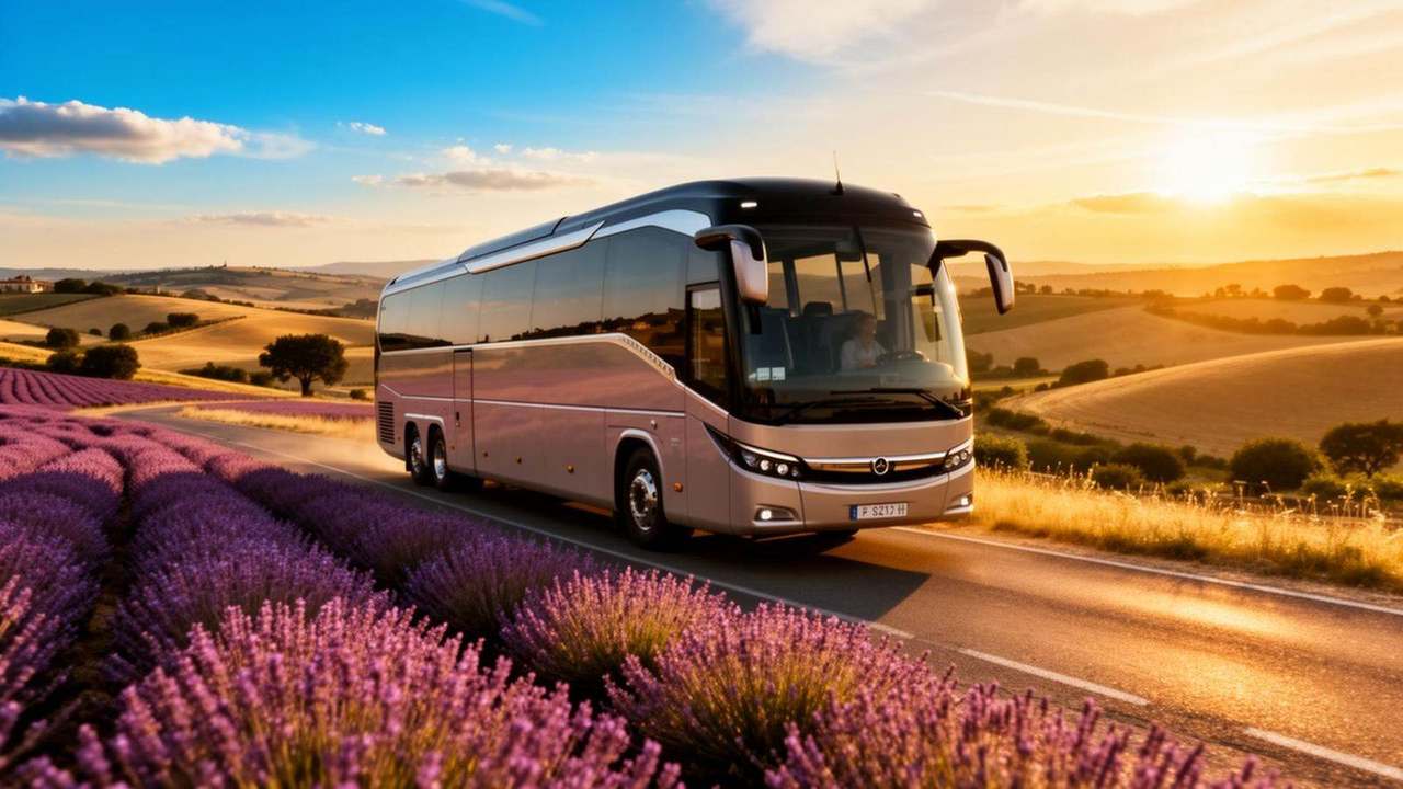 Location autocar en France — autocar de luxe sur une route de campagne française
